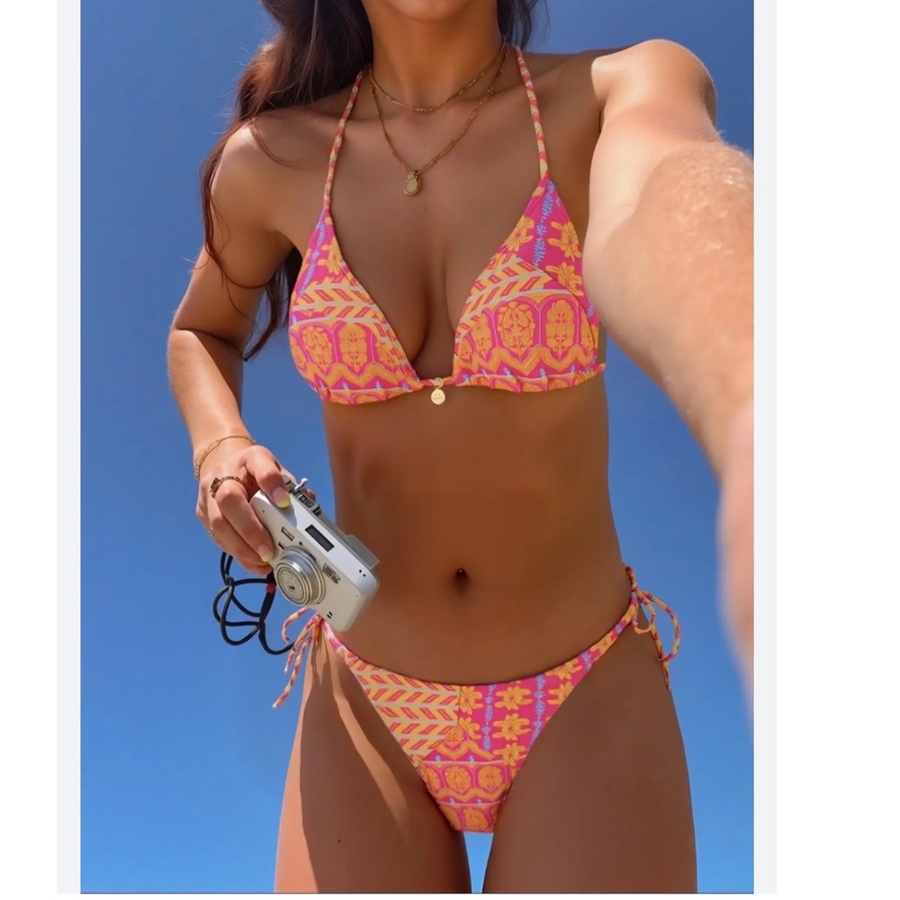NEW Halter Bikini Set Triangle Top String Piece Boho Aztec Pink Cheeky Small - Picture 4 of 11